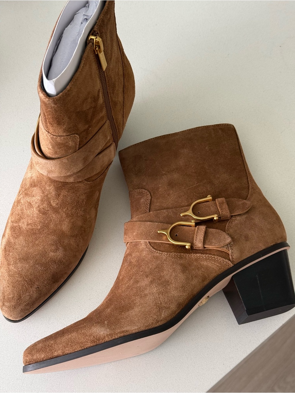 Veronica Beard Tan Suede Ankle Boots with Buckle Straps - Picture 3 of 3